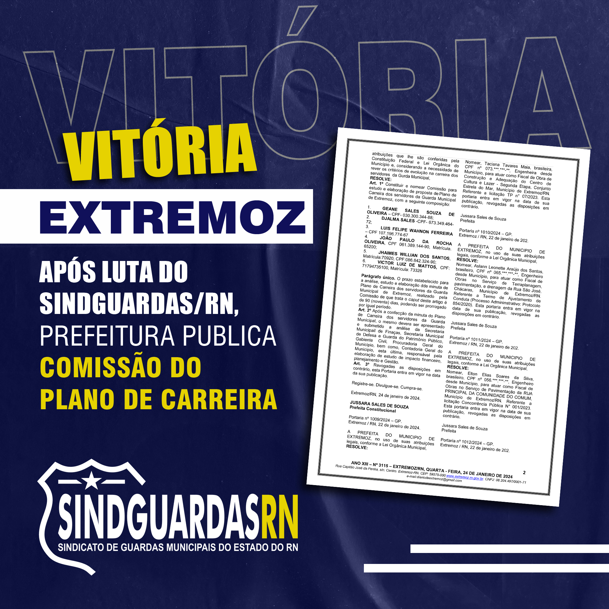 VITÓRIA: Após luta do Sindguardas/RN, Prefeitura de Extremoz publica Comissão do Plano de Carreira